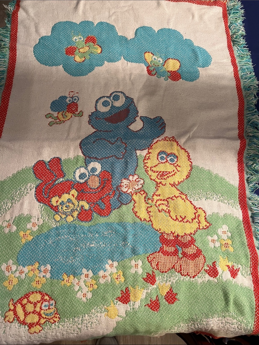 Vintage Sesame Street Crib Blanket Cotton Elmo Big Bird Cookie Monster